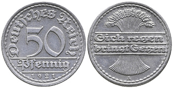 ГЕРМАНИЯ 50 ПФЕННИГОВ 1921 A KM 27, J. 301 алюминий 24-1035