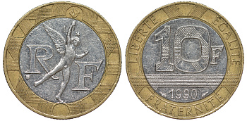 Франция 10 франков 1990 тип Гений Бастилии KM 964.1, Le Frank 375.5 биметалл 45-724