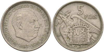 Испания 5 песет 1957 (65) Франсиско Франко (1939 - 1975) KM 786 медно-никель 4155-544