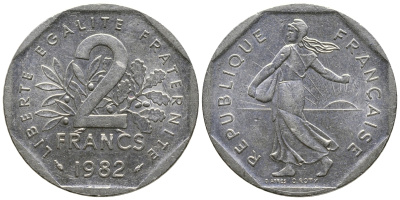 ФРАНЦИЯ 2 ФРАНКА 1982 СЕЯТЕЛЬ KM 942.1, LE FRANC 272.6 никель 36-135