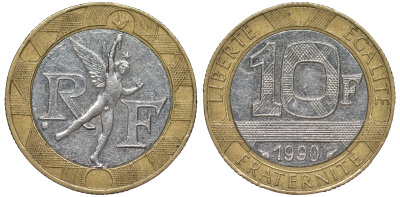 Франция 10 франков 1990 тип Гений Бастилии KM 964.1, Le Frank 375.5 биметалл 45-724