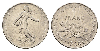 Франция 1 франк 1960 KM 925 никель 4628-614