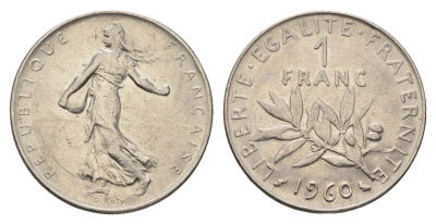 Франция 1 франк 1960 KM 925 никель 4628-614