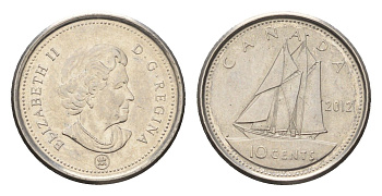 Канада 10 центов 2012 Leaf, Елизавета II (1952-2022), парусник KM 492 сталь плакированная никелем UNC 4689-631