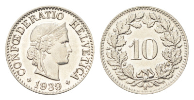 Швейцария 10 раппенов 1939 B KM 27b никель 4708-154