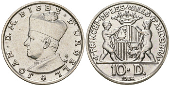 Андорра 10 динеров 1984 Жоан Марти-и-Аланис. Епископ Уржеля, тираж 7500 экз. KM 17 серебро BU 4606-1223