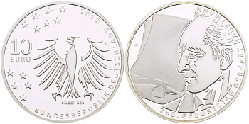 ФРГ 10 евро 2012 J, 150 ЛЕТ СО ДНЯ РОЖДЕНИЯ ГЕРХАРДА ХАУПМАНА KM 312 серебро PROOF 1082-9-42