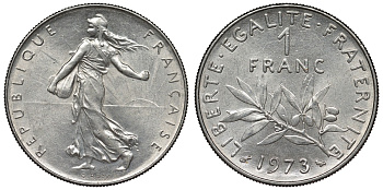 Франция 1 франк 1973 сеятель KM 925.1, Le Franc 226.18 никель 4128-426