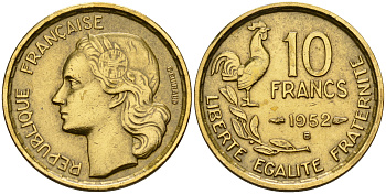Франция 10 франков 1952 B, петух KM 915.2, Le Franc 363.5 алюминиевая бронза    4152-1242