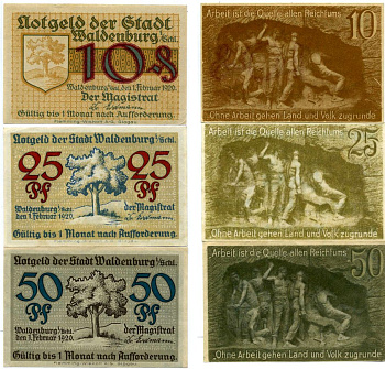 ВАЛЬДЕНБУРГ набор из 3 БАНКНОТ 1920 1 февраля 1920, нотгельд (10, 25, 50 пфеннигов), земля СИЛЕЗИЯ Grabowski W3.16a, W3.16b, W3.16c бумага 2193-19-1-1