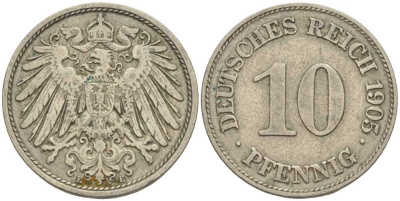 Германия 10 пфеннигов 1905 E KM 12, J. 13 медно-никель 34-412