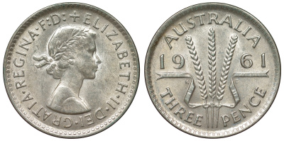 Австралия 3 пенса 1961 m, Елизавета II (1952-2022) KM 57 серебро 71-721
