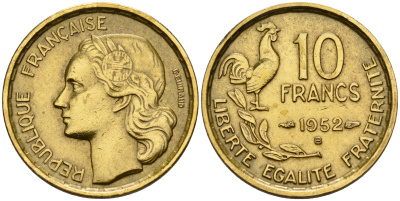 Франция 10 франков 1952 B, петух KM 915.2, Le Franc 363.5 алюминиевая бронза    4152-1242