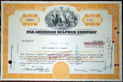 США, Pan American Sulphur Company 4600 акций 1973 бумага 8802-71-1