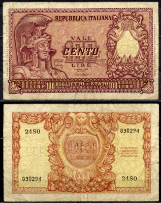 Италия 100 лир 1951 Афина в шлеме, Bolaffi, Cavallaro Pick 92 a бумага 000-00-00