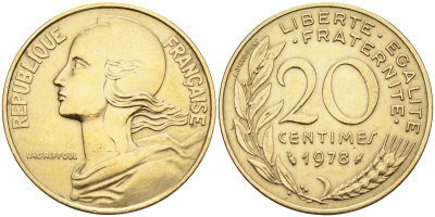 Франция 20 сантимов 1978 тип Marianne KM 930 медь алюминий никель    4177-121