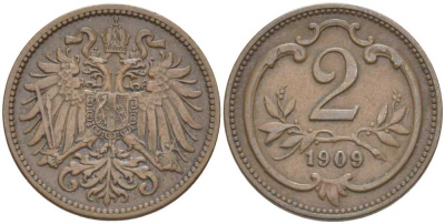 АВСТРИЯ 2 ГЕЛЛЕРА 1909 ФРАНЦ ИОСИФ (1846-1918) KM 2801 бронза 201-914
