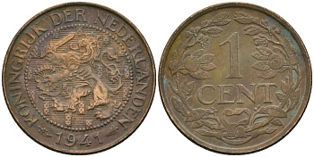Нидерланды 1 цент 1941 Вильгельмина (1890-1948) KM 152 бронза 4576-1155