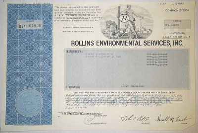 США, ROLLINS ENVIRONMENTAL SERVICES, INC. 5000 акций 1988 бумага 8805-58-1