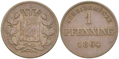 Бавария 1 пфенниг 1864 Максимилиан II (1848-1864) КМ 471 медь 201-249