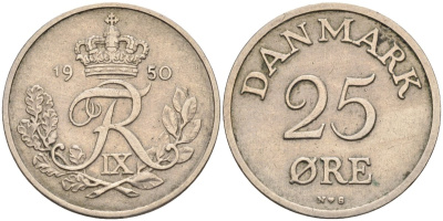 Дания 25 эре 1950 N,S, Фредерик IX (1947-1972) KM 842.1 медно-никель 4591-952