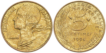 Франция 5 сантимов 1994 ТИП MARIANNE KM 933, le Frank 125.36 медь алюминий никель 100-821