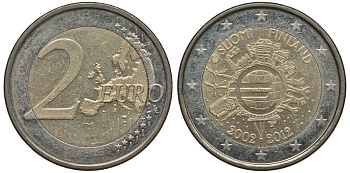 Финляндия 2 евро 2012 10 лет монетарной политике и наличному евро KM 178 биметалл 4384-355