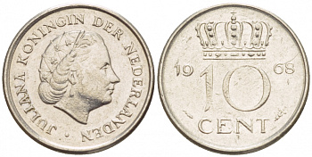 НИДЕРЛАНДЫ 10 ЦЕНТОВ 1968 ЮЛИАНА KM 182 никель 4547-841