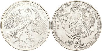 ФРГ 5 МАРОК 1976 D, 300 ЛЕТ СО ДНЯ СМЕРТИ ГАНСА ЯКОБА КРИСТОФФЕЛЯ фон ГРИММЕЛЬСГАУЗЕНА KM 144, J. 419 серебро UNC 4557-245