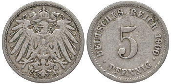 ГЕРМАНИЯ 5 ПФЕННИГОВ 1900 D, KM 11, J. 12 медно-никель 45-1119