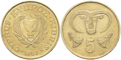 Кипр 5 центов 1983 голова быка KM 55.1 никель латунь    4595-927