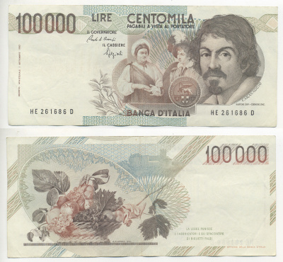 Италия 100000 лир 1983 Караваджо, фруктовый букет, подпись Speziali Pick 110b бумага 7220-26-1