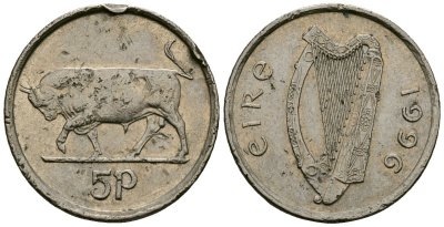 Ирландия 5 пенсов 1996 бык KM 28 медно-никель 4136-924