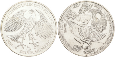 ФРГ 5 марок 1976 D, 300 лет со дня смерти Ганса Якоба Кристоффеля фон Гриммельсгаузена (1622-1676) KM 144, J. 419 серебро UNC 4557-245