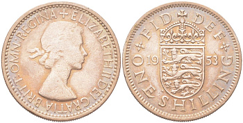 Великобритания 1 шиллинг 1953 Елизавета II (1952-2022), Английский герб KM?890, Spink?4139 медно-никель 4128-533