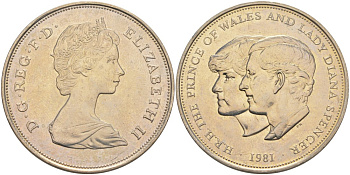 Великобритания 25 пенсов 1981 Королевская свадьба принца Чарльза и леди Дианы, Елизавета II (1952-2022), в пластиковой коробке KM 925, Spink 4229 медно-никель UNC 05-041-21