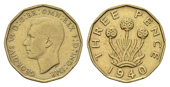 Великобритания 3 пенса 1940 Георг VI (1936-1952) KM 849, Spink 4112 никель латунь 4121-451