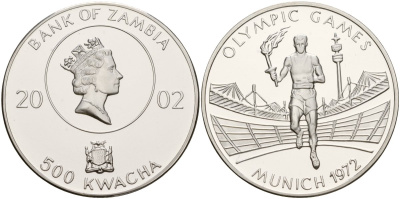 Замбия 500 квача 2002 XX летние Олимпийские Игры, Мюнхен 1972 KM 276 серебро PROOF 1099-3-51
