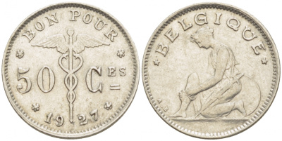 БЕЛЬГИЯ 50 САНТИМОВ 1927 BELGIQUE KM 87 никель 3996-1212