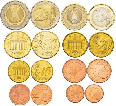 ФРГ евронабор из 8 монет 2002 1, 2, 5, 10, 20, 50 евроцентов, 1, 2 евро, А (монетный двор Берлин) биметалл 1094-2-11-81
