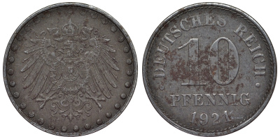 Германия 10 пфеннигов 1921 A KM 20, J. 298 железо 4119-154