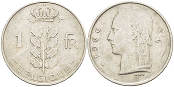 БЕЛЬГИЯ 1 ФРАНК 1966 BELGIQUE, БОДУЭН I (1951-1993) KM 142.1 медно-никель 213-521