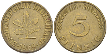 ФРГ 5 ПФЕННИГОВ 1969 F KM 107, J. 382 сталь плакированная латунью 4181-922