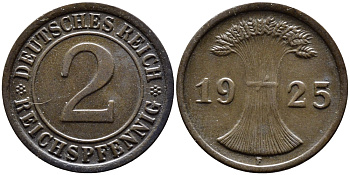 ГЕРМАНИЯ 2 РЕЙХСПФЕННИГА 1925 F KM 38, J. 314 бронза 4387-1142