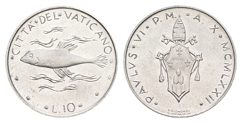 Ватикан 10 лир 1972 MCMLXXII, Павел VI KM 119 алюминий UNC 4648-117