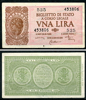 Италия 1 лира 1944 подписи Di Cristina, Cavallaro, Parisi Pick 29 c, Grapanzano BS 8  бумага  aUNC 8614-8-2-1