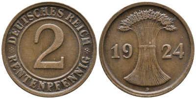 ГЕРМАНИЯ 2 РЕНТЕНПФЕННИГА 1924 D KM 31, J. 307 бронза 24-623