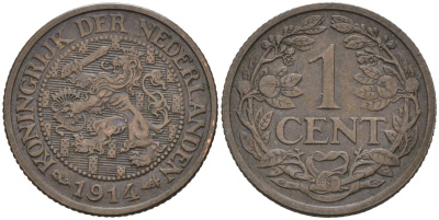 Нидерланды 1 цент 1914 Вильгельмина (1890-1948) KM 152 бронза 4576-712