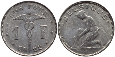 Бельгия 1 франк 1922 Belgique, Альберт I (1910-1934) KM 89 никель 86-1851