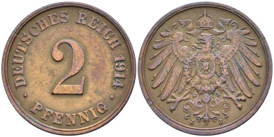 ГЕРМАНИЯ 2 ПФЕННИГА 1914 J KM 16, Jager 11, Weege 4 медь 4546-735